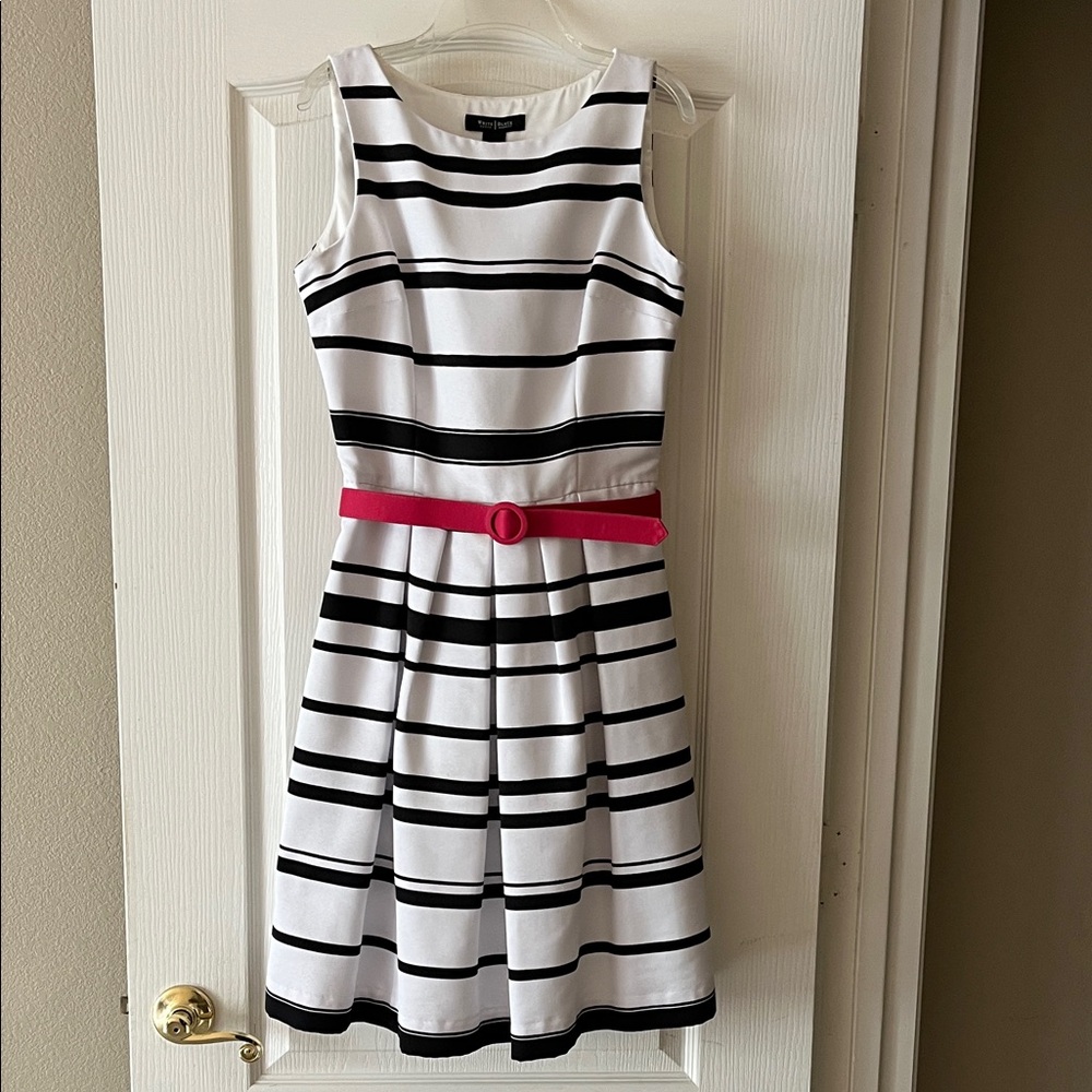 White House Black Market Black and White Striped Dress with Pink Belt